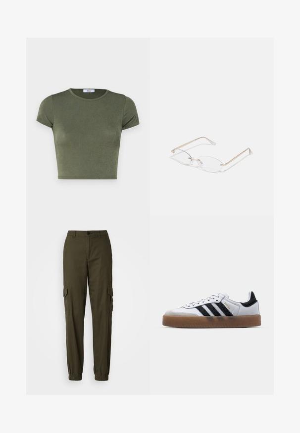 Top corto de manga corta en verde olivo con un cuello redondo, hecho de una tela texturizada, con un diseño ajustado y costuras mínimas.; Pantalones cargo en verde oliva fabricados con una mezcla de algodón, que cuentan con puños elásticos, un bolsillo con cremallera en la parte frontal y dos grandes bolsillos laterales con solapas.; Zapatillas de cuero blancas con rayas negras, suela de goma, puntera redonda, cierre de cordones y caperuza de ante gris suave.; Gafas de metal dorado con lentes ovalados, brazos delgados y almohadillas nasales transparentes. Presentan sutiles acentos en las bisagras y lentes transparentes.