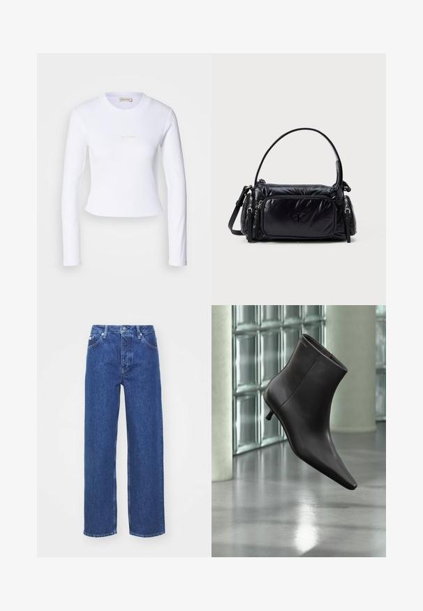 Biely dlhý rukáv crop top s jemným logom Calvin Klein v strede, zobrazený na svetlo šedom pozadí.; Modré denimové nohavice so širokými nohavicami a vysokým pásom, so zipsom a zapínaním na gombík, pútkami na opasok a jemným vyblednutím látky.; Čierna kožená členková obuv s ostrou špičkou a nízkym podpätkom, zobrazená na pozadí steny zo sklenených blokov a leštenej podlahy.; Čierna nylonová kabelka s nafúknutým dizajnom, zaobleným ramenným popruhom, prednou zipsovou vreckom a jemným logom embosovaným na prednej strane.