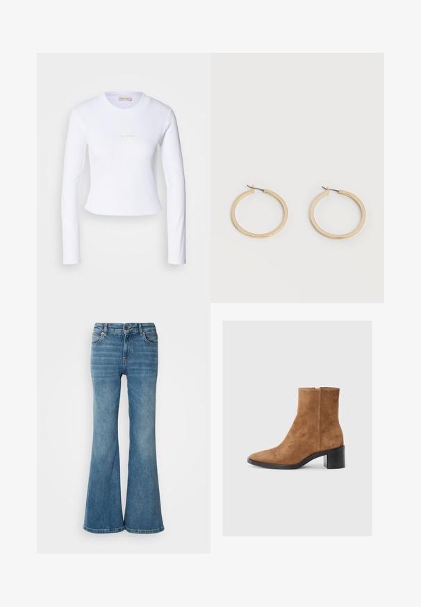 Biely dlhý rukáv crop top s jemným logom Calvin Klein v strede, zobrazený na svetlo šedom pozadí.; Svetlo modré rozšírené džínsy z denimu, so piatimi vreckami, viditeľným šitím a zapínaním na gombík a zips v páse.; Hnedé semišové kotníkové čižmy s špicatou špičkou, stredne vysokým blokovým opätkom a jemným embosovaným logom. Zips na bočnej strane.; Pár hladkých zlatých kruhových náušníc strednej veľkosti so závesnými zapínaniami na jednoduchom svetlom pozadí.