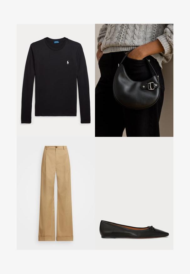 Musta pitkähihainen pyöreäkauluspaita, jossa vasemmassa rinnassa pieni valkoinen Polo Ralph Lauren -hevosen logo.; Vaaleanbeige leveälahkeiset housut, joissa on nappikiinnitys. Housuissa on sileä pinta ja taitteet. Taskujen alaosat on käännetty yksityiskohtien lisäämiseksi.; Musta nahkainen ballerinatyyppinen kenkä, jossa on terävä kärki, kapea siluetti ja pieni nauhakoriste edessä. Sileä pinta ja minimalistinen muotoilu.; Henkilö pukeutuneena harmaaseen palmikkoneulepaitaan ja mustiin housuihin, pidellen pientä mustaa nahkalaukkua hopeanvärisellä solkiosalla.