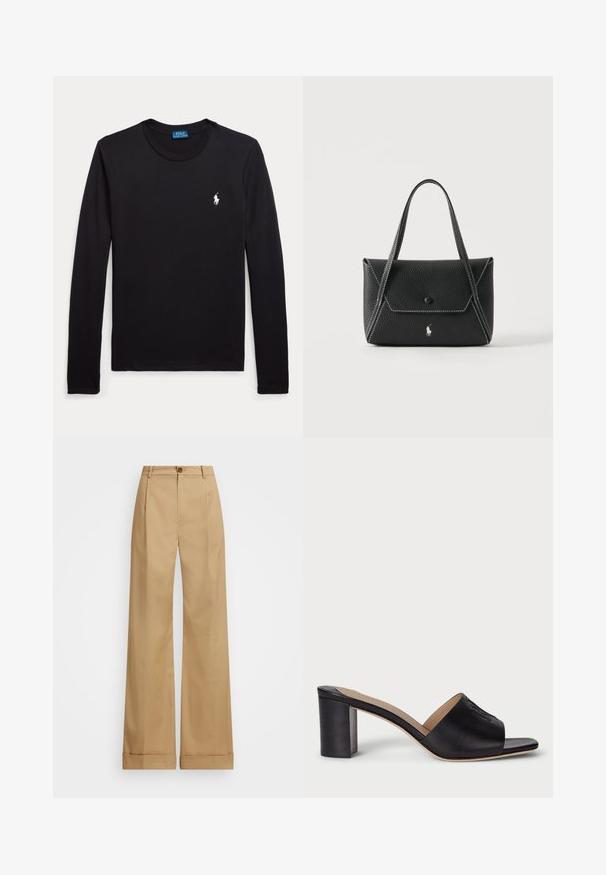 Schwarzes Langarmshirt mit Rundhalsausschnitt und kleinem weißem Polo Ralph Lauren Pferdelogo auf der linken Brust.; Beige weite Beinhosen mit Knopfverschluss, die eine glatte Textur und gebügelte Falten aufweisen. Mit umgeschlagenen Säumen für zusätzliche Details.; Schwarze Leder-Sandalen mit blockiertem Absatz, offenem Zeh und geprägtem Logo-Detail. Glatte Oberfläche mit einem strukturierten Design für Stabilität.; Schwarze Lederhandtasche mit zwei Griffen, Frontklappe mit Knopfverschluss, weißen Nähten und kleinem Pferdelogo auf schlichtem Hintergrund.