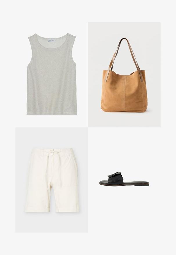 Haut sans manches gris clair en tissu tricoté doux et texturé. Présente un col rond et une coupe ample. L'étiquette indique "ANNA FIELD" à l'intérieur.; Shorts mi-longs blanc cassé avec taille élastique, cordon de serrage, poches avant et coupe décontractée en tissu léger.; Sandale slide en cuir noir avec une large sangle à détail plissé, design ouvert à l'avant, semelle plate et accents cousus.; Sac fourre-tout en daim beige avec de longues anses en cuir marron clair, texture douce et couture simple sur un fond blanc uni.