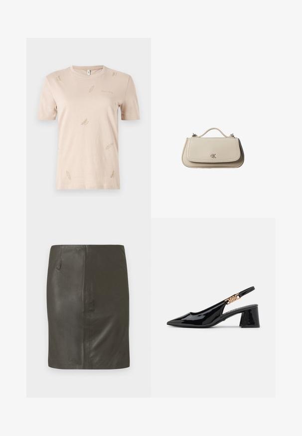 T-shirt en coton beige avec col rond. Présente de petits motifs discrets en forme de plumes dans une teinte plus claire. Manches courtes, coupe classique.; Jupe en cuir vert foncé avec une texture lisse, coupe ajustée et une poche latérale unique. Design simple sans éléments métalliques visibles ni motifs.; Bottines à talon en vernis noir avec un bout pointu et des accessoires dorés sur la bride, dotées d'un talon bloc. Texture lisse.; Petit sac à main en cuir beige avec poignée supérieure et logo CK argenté sur le rabat avant, présenté sur fond blanc.