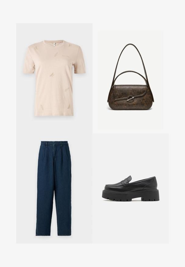 Beige bomulds T-shirt med rund hals. Har små, subtile fjer mønstre i en lysere nuance. Korte ærmer, almindelig pasform.; Good American PLEATED TROUSER - Wide leg - indigo; Sorte læder loafers med en lav, grov gummi sål, syede detaljer på overdelen og en glat overflade.; Mørkebrun tekstureret læderhåndtaske med to stropper, afrundet rektangulær form og sølvfarvet cirkulært låsespænde på frontklap.