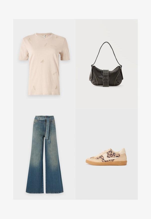 Beige Baumwoll-T-Shirt mit Rundhalsausschnitt. verfügt über kleine, dezente Feder-Muster in einem helleren Farbton. Kurze Ärmel, normale Passform.; Weit geschnittene Denim-Hosen mit einem Farbverlauf von hellblau zu dunkelblau, hoher Taille, Gürtelschlaufen und einem passenden Stoffgürtel. Strukturierte Denim-Oberfläche.; Löwenmuster-Sneaker mit beige Wildleder-Obermaterial, tanfarbener Gummisohle und weißen Akzenten. Runde Zehenform und Schnürdesign mit strukturiertem Finish.; Schwarze Leder-Schultertasche mit Schnallengurt-Detail, abgerundeten Kanten und kontrastierenden weißen Nähten auf schlichtem Hintergrund.