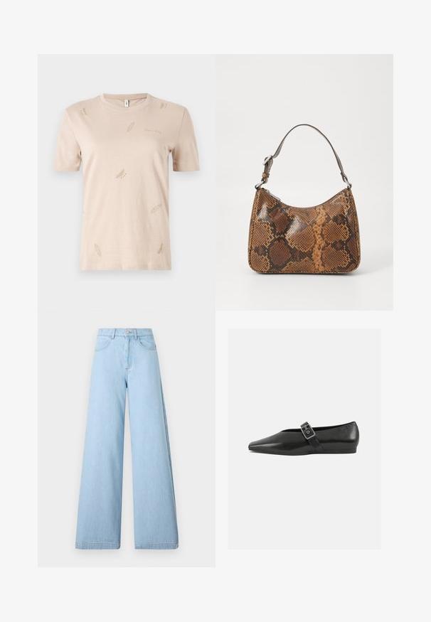 Beige bomulds T-shirt med rund hals. Har små, subtile fjer mønstre i en lysere nuance. Korte ærmer, almindelig pasform.; Lysblå bredbenede jeans lavet af denim, med høj talje, forlommer og rene sømme med minimal syning.; Sorte læder flade sko med spidse tæer, prydet med en metallisk spænde over vristen og en lav, fleksibel sål.; Lille håndtaske med brun og sort slangeskinn mønster, kort justerbar rem og lynlåslukning.