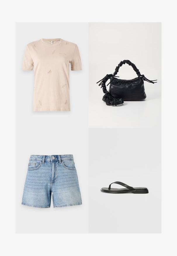 Beige Baumwoll-T-Shirt mit Rundhalsausschnitt. verfügt über kleine, dezente Feder-Muster in einem helleren Farbton. Kurze Ärmel, normale Passform.; Hellblaue Jeansshorts mit hoher Taille, fünf Taschen und ausgefranstem Saum. Verfügt über dezente Verblassungen und goldene Nahtdetails.; Schwarze Flip-Flops aus glattem Leder, mit einem dünnen Riemendesign und einer flachen Sohle mit minimalem Profil. Keine bemerkenswerten Muster oder Akzente.; Schwarze Handtasche aus Kunstleder mit Krokodilstruktur, gerafftem oberen Teil und einem geschoppten Tragegurt. Sie wirkt weich und kompakt im Design.