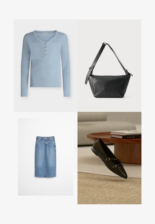 Chemise henley à manches longues rayée horizontale bleu et blanc avec quatre boutons et un col en V arrondi.; Jupe en denim bleu clair avec boutons à l'avant et passants pour ceinture, portée avec un pull texturé foncé.; Chaussure plate noire à bout pointu avec deux fines brides à boucle flottant au-dessus d'un tapis beige, avec une table basse en bois et des livres en arrière-plan.; Sac à bandoulière en cuir noir avec une large sangle réglable et une boucle argentée, présenté sur un fond clair uni.