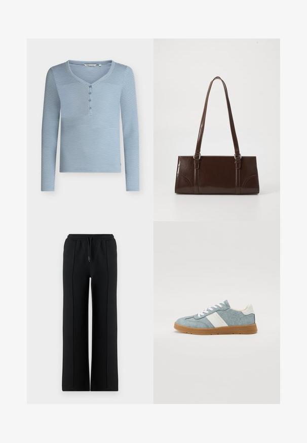 Blauw-wit horizontaal gestreept henleyshirt met lange mouwen, vier knopen en een afgeronde V-hals.; Zwarte sweatpants met brede pijpen, een elastische tailleband en een trekkoord. Gemaakt van zacht katoen, met vooraan naden voor extra detail.; Denim canvas sneaker met lichtblauwe bovenkant, witte zijstreep en rubberen gumzool. Voorzien van witte veters en een gevoerde kraag.; Bruine lakleren handtas met een rechthoekige vorm, twee lange handvatten en subtiele gebogen accenten aan de voorkant.