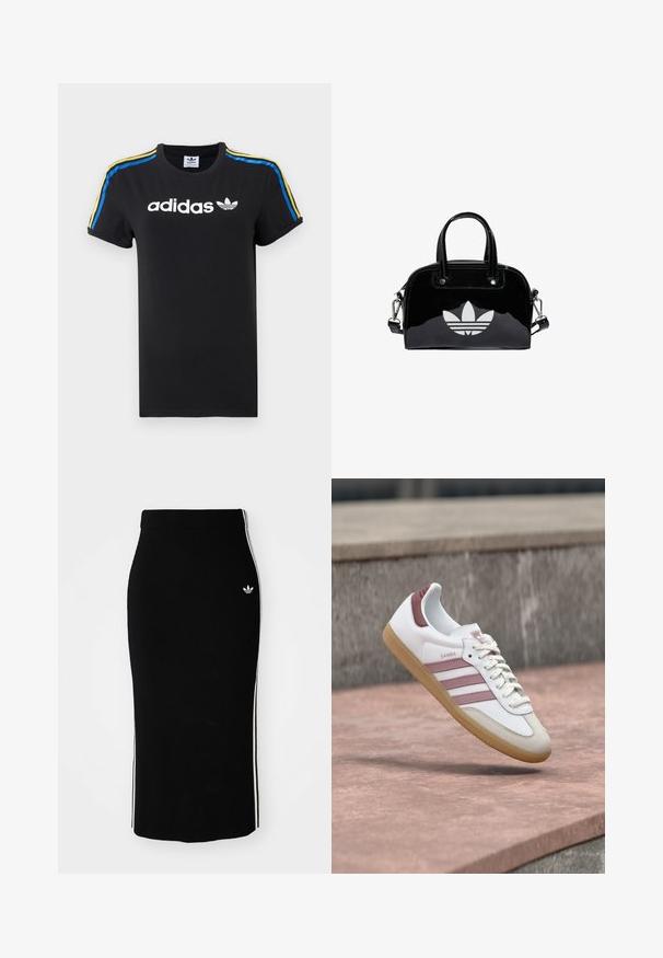 Camiseta de algodón negra con mangas enrolladas; presenta el logo blanco de Adidas y rayas multicolores (azul, amarillo y rojo) a lo largo de los hombros.; Falda midi negra con diseño ajustado, que presenta franjas laterales blancas y un pequeño emblema blanco en el lado izquierdo.; Zapatilla Adidas Samba blanca y rosa con suela de goma flotando sobre una superficie de piedra y con un fondo desenfocado de pared de piedra.; Bolso de mano de charol negro con forma redondeada, dos asas en la parte superior, acentos plateados y un prominente logotipo blanco en la parte delantera.