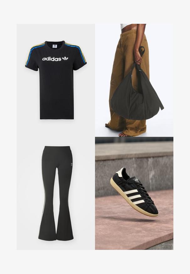 Camiseta de algodón negra con mangas enrolladas; presenta el logo blanco de Adidas y rayas multicolores (azul, amarillo y rojo) a lo largo de los hombros.; Leggings acampanados negros de tejido elástico, con una cintura alta y rayas laterales blancas. Incluye un pequeño logo en la cintura.; Zapatilla negra Adidas con rayas blancas y suela beige, capturada en el aire sobre una superficie de piedra y con fondo de muro de piedra.; Persona con pantalones marrones de pata ancha y top blanco sosteniendo un gran bolso negro blando por la correa a su lado.