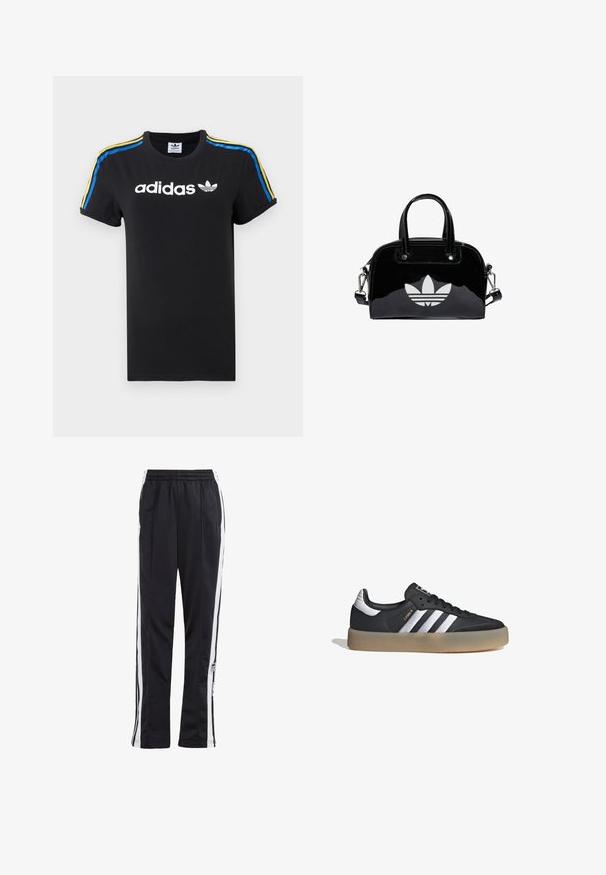 Camiseta de algodón negra con mangas enrolladas; presenta el logo blanco de Adidas y rayas multicolores (azul, amarillo y rojo) a lo largo de los hombros.; Pantalones deportivos negros con rayas laterales blancas, cintura elástica y parche con logo. Fabricados con una tela suave y ligera. Diseño de pierna recta.; Zapatilla deportiva de cuero negro con tres rayas plateadas, punta texturizada y suela de goma. Cuenta con un collar acolchado y un diseño con cordones.; Bolso de mano de charol negro con forma redondeada, dos asas en la parte superior, acentos plateados y un prominente logotipo blanco en la parte delantera.