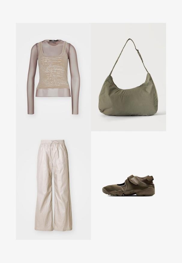 Beige tank top combined with mesh long sleeves; features white script print on the front, round neckline, and a fitted silhouette.; Light beige wide-leg trousers made of crinkled fabric, featuring an elastic waistband with a drawstring and side pockets.; Brown athletic slip-on shoe with adjustable strap, cutout sides, and cushioned sole marked with "AIR" on the midsole.; Olive green soft fabric shoulder bag with a zip closure and an adjustable strap on a plain light background.
