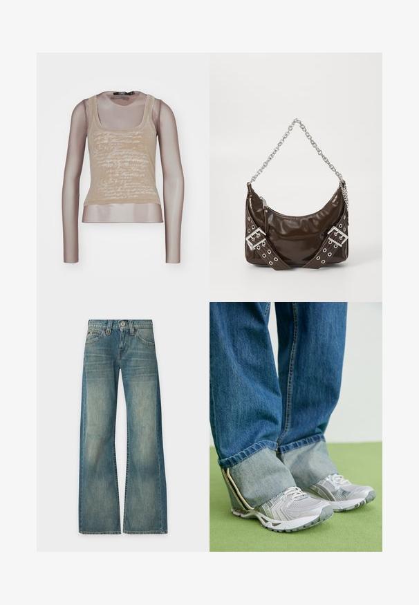 Top sin mangas beige combinado con mangas largas de malla; cuenta con una impresión en blanco en la parte delantera, escote redondo y una silueta ajustada.; Vaqueros de mezclilla azul con lavado desgastado, cintura alta, perneras anchas, cierre delantero de botón y cremallera, y cinco bolsillos, mostrados sobre un fondo liso.; Zapatillas deportivas grises con material de malla y acentos blancos, combinadas con jeans de denim azul que tienen los tobillos remangados.; Bolso de mano de cuero patentado marrón oscuro con cadena plateada, cinturones decorativos de doble hebilla y cierre de cremallera.