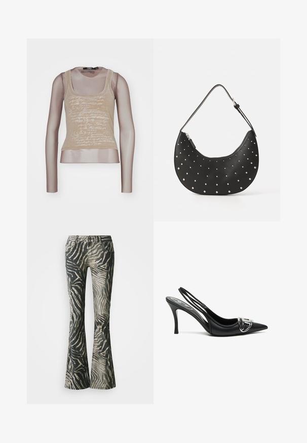 Top sin mangas beige combinado con mangas largas de malla; cuenta con una impresión en blanco en la parte delantera, escote redondo y una silueta ajustada.; Jeans acampanados en un patrón de cebra negro y beige, con material de mezclilla, diseño de cinco bolsillos y detalles de costura visibles.; Zapatos de tacón alto de charol negros con tira trasera y punta afilada, que presentan un detalle de hebilla plateada brillante y un tacón delgado. Textura de cuero suave, diseño minimalista.; Bolso de mano de cuero negro con forma curva, adornado con tachuelas plateadas, cuenta con cierre de cremallera y una sola correa ajustable.