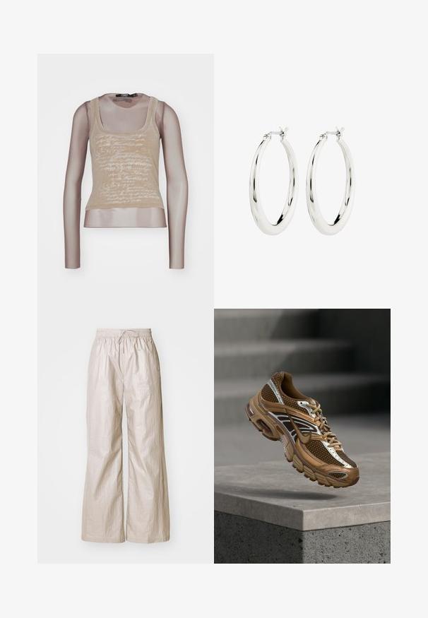 Beige ärmelloses Top kombiniert mit langen Mesh-Ärmeln; verfügt über einen weißen Schriftzug auf der Vorderseite, einen runden Ausschnitt und eine taillierte Silhouette.; Helle beige weit geschnittene Hose aus zerknittertem Stoff, mit einem elastischen Bund und einer Kordelzug sowie seitlichen Taschen.; Brauner und beiger Nike-Sneaker mit Mesh- und reflektierenden Details schwebt über einer Betonkante vor einem verschwommenen grauen Hintergrund.; Silberne Creolen mit einer glatten, glänzenden Oberfläche. Kreisform, ausgestattet mit einem sicheren Verschluss. Einfaches und elegantes Design.