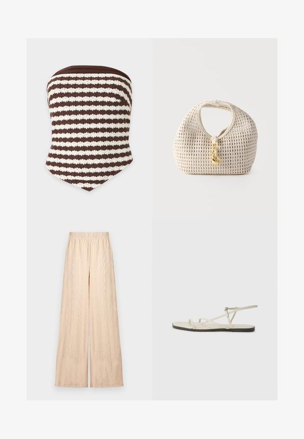 Brun og hvidstribet stropløs strikket tube top med teksturerede vandrette mønstre og en spids nederkant.; Beige viddebukser med tekstureret stof og elastisk taljebånd, vist fladt på en neutral baggrund.; Beige flad sandal med flere slanke stropper og en justerbar spænde. Sålen er flad med en let mørkere kontrast ved kanten.; Kremfarvet vævet håndtaske med rund form, kort håndtag og dekorativ guldfarvet lås hængende foran i midten.