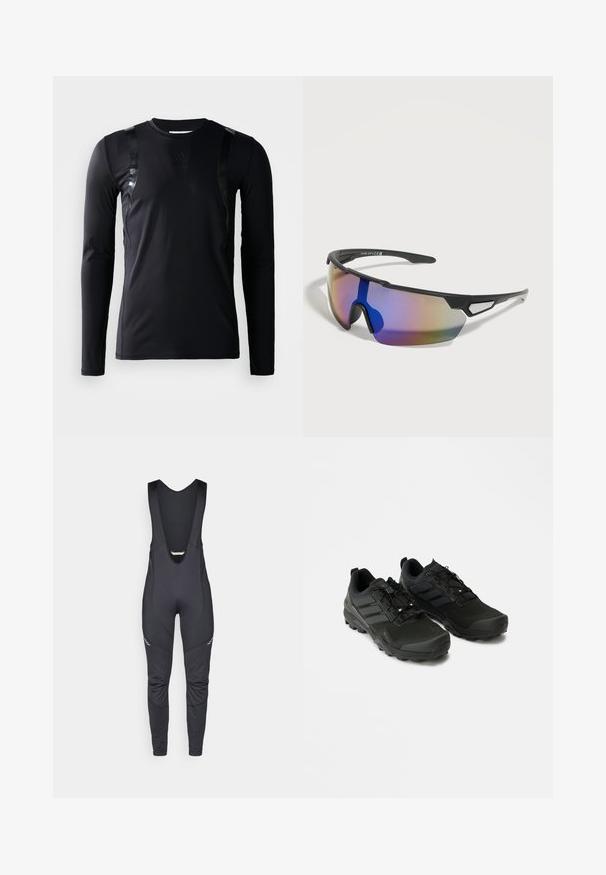 Zwarte lange-mouwen sportshirt gemaakt van glad, rekbaar materiaal. Kenmerkt zich door glanzende zwarte accenten op de schouders en een Adidas-logo op de borst.; Vaude MENS MATERA WARM - Lange fietsbroek met bandjes - black; Zwarte sportschoenen met een gestructureerde bovenkant, een duurzame rubberen zool en subtiele reflecterende accenten; beschikt over een vetersysteem voor een stevige pasvorm.; Zwartgerande sportzonnebril met enkele gebogen regenbooggetinte lens en open driehoekige zijventilatie, op witte achtergrond.