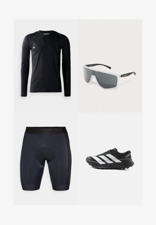 Must have pikkade varrukatega spordipoliis, mis on valmistatud siledast ja venivast kangast. Omab läikivaid musti aktsente õlgadel ja Adidas logo rinnal.; Mustad jalgrattapüksid siledast kangast, millel on keskel pehme padjakese ala ja must elastne vöö, millel on "GripGrab" brändimine.; Must-valge Adidas Terrex maastikujooksu jalanõu paksu tallaga ja soonilise välispõhjaga, külgvaade ühevärvilise heleda taustaga.; Valged raamiga prillid tumedate ristkülikuliste läätsedega ja mustade aasadega, kusjuures ühel aasadel on valge "Arnette" logo.