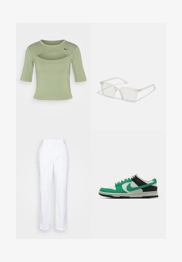 Nike Sportswear CUTOUT - Μπλουζάκι με στάμπα - oil green/black; Λευκά, ίσια παντελόνια από βαμβάκι. Διαθέτουν επίπεδο μπροστινό μέρος, θηλάκια για ζώνη και χωρίς ορατές τσέπες. Λείο υφή και μινιμαλιστικός σχεδιασμός.; Τα παπούτσια Nike Dunk Low διαθέτουν επάνω μέρος από δέρμα σε πράσινο και μαύρο χρώμα, λευκές λεπτομέρειες, τρυπητό μπροστινό μέρος και γκρίζα καουτσούκ σόλα.; Διάφανα πλαστικά γυαλιά με τετράγωνους σκελετούς και διαφανείς φακούς, με χρυσές λεπτομέρειες στους βραχίονες για επιπλέον στυλ.