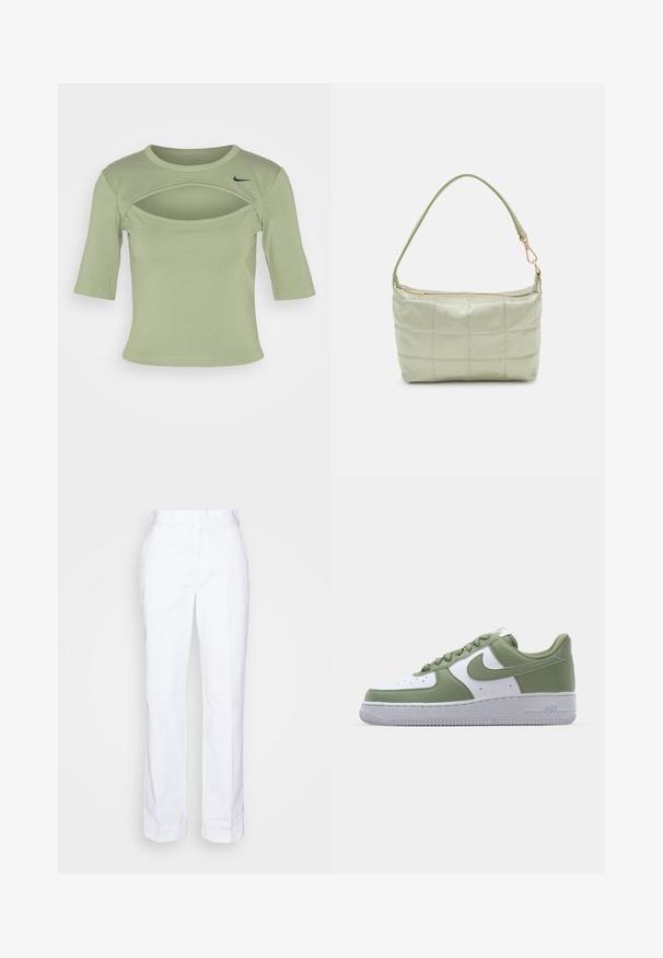 Nike Sportswear CUTOUT - Μπλουζάκι με στάμπα - oil green/black; Λευκά, ίσια παντελόνια από βαμβάκι. Διαθέτουν επίπεδο μπροστινό μέρος, θηλάκια για ζώνη και χωρίς ορατές τσέπες. Λείο υφή και μινιμαλιστικός σχεδιασμός.; Nike Air Force 1 αθλητικά παπούτσια σε πράσινο και λευκό δέρμα. Σχεδίαση χαμηλού τύπου, στρογγυλή μύτη, υφή από καουτσούκ στη σόλα και εμφανής λεπτομέρεια με το λογότυπο Swoosh.; Πληρωμένη πράσινη τσάντα ώμου με μαλακή υφή, ορθογώνιο σχήμα, μονή ιμάντα και χρυσή φερμουάρ κλείσιμο. Διαθέτει ραμμένο σχέδιο.