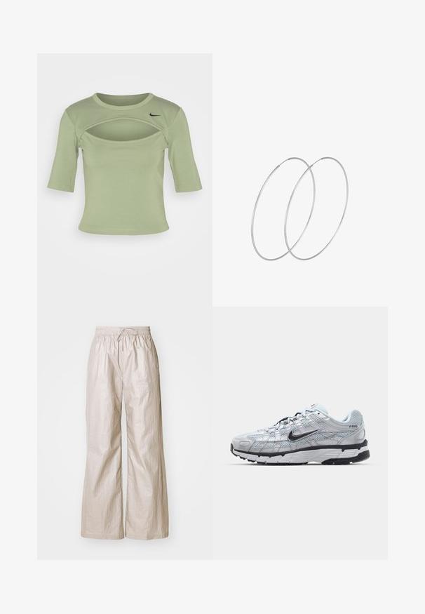 Nike Sportswear CUTOUT - Tričko s potlačou - oil green/black; Svetlo béžové široké nohavice vyrobené z krčenej látky, s elastickým pásom na šnúrku a bočnými vreckami.; Tenisky Nike P-6000 s vrchným materiálom z jemnej šedej sieťoviny, čiernymi akcentmi a odolnou čiernou gumovou podrážkou. Obsahujú jemný dizajn a systém šnurovania.; Strieborné kruhové náušnice s minimalistickým dizajnom. Cirkulárny tvar, hladký povrch a tenký profil. Ľahké s lesklým povrchom.
