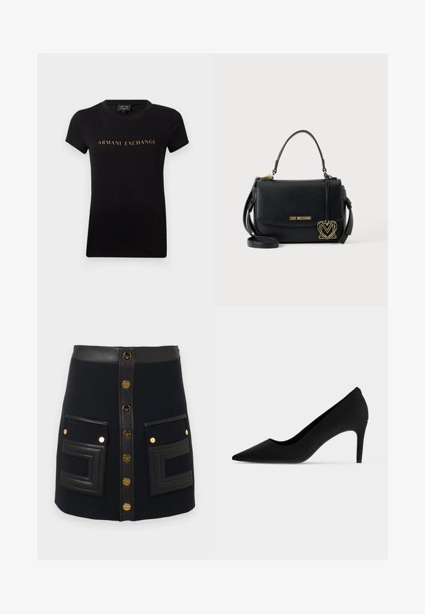 Sort kortærmet t-shirt med rund halsudskæring med "ARMANI EXCHANGE" i guldbogstaver centreret foran.; Sort A-formet nederdel med front-guldknapper, falsk læderlinning og store påsatte lommer med geometrisk syning.; Sort højhælet sko med spids tå, en slank hæl og en glat mat finish, vist i sideprofil på hvid baggrund.; Sort Moschino håndtaske med top håndtag, klaplukning, gyldent logo bogstaver og dekorativt gyldent hjerteformet vedhæng.