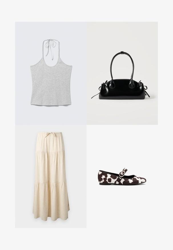 Lys grå ærmeløs haltertop med bindebånd i nakken, lagt fladt på en hvid baggrund.; Beige maxi-nederdel i lag med elastisk talje og snøre, med et flydende, opsamlet stofdesign.; Ballet flade i hvid og brun ko-print pels, med en rund tå og en rem med en cirkulær spænde detalje. Flad sål.; Lille sort blank håndtaske med to lange håndtag og snøre-detaljer i siden på en ensfarvet lys baggrund.