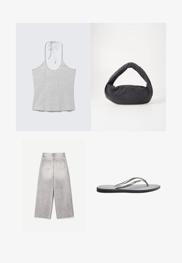 Svetlosivý bezrukávový halter top s viazaním na krku, položený na bielom pozadí.; Svetlosivé rifle s širokými nohavicami, vysokým pásom a dvoma zadnými vreckami, zobrazené zozadu na bielom pozadí.; Jedna strieborná a biela žabka s textúrovanou stielkou a vzorovanými remienkami, zobrazená v bočnom pohľade na bielom pozadí.; Tmavošedá látková taška s zakrivenou rúčkou, jemnou textúrou a zaobleným tvarom. Bez viditeľného hardvéru alebo ozdôb.