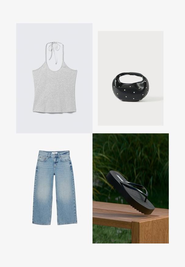 Haut sans manches gris clair à col halter avec un nœud au niveau du cou, posé à plat sur un fond blanc.; Jean large en denim bleu clair avec cinq poches, passants pour ceinture, et fermeture avant à bouton et fermeture éclair.; Tongs à plateforme noire avec semelle texturée, équilibrées sur le bord d'un banc en bois en plein air, avec en arrière-plan un feuillage vert flou.; Sac à main en cuir noir de forme arrondie, décoré de clous argentés et équipé d'une poignée courte. Texture lisse et fermeture éclair.