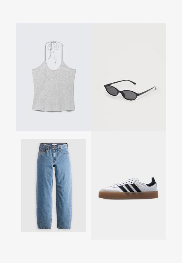 Hellgraues ärmelloses Neckholder-Top mit Bindeband am Hals, flach auf einem weißen Hintergrund liegend.; Helleblaue Denim-Jeans mit geradem Bein, fünf Taschen, einem Reißverschluss und einer subtilen, verwitterten Textur. Klassisches Design mit minimalem Hardwareeinsatz.; Weiße Leder Sneakers mit schwarzen Streifen, Gummigummi-Außensohle, runder Zehenform, Schnürverschluss und weichem grauem Wildleder-Zehenkappe.; Schwarze Sonnenbrille mit ovalem Gestell, dunklen getönten Gläsern, schlanken Bügeln und dezentem Markennamen auf der Innenseite des linken Bügels.