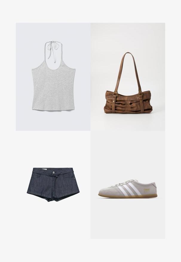 Haut sans manches gris clair à col halter avec un nœud au niveau du cou, posé à plat sur un fond blanc.; Short en jean bleu foncé avec bouton à l'avant, poches, passants de ceinture et une fine ceinture en tissu nouée à la taille.; Baskets en daim gris avec des rayures en cuir blanc et un logo doré. Semelle en gomme plate, bout rond et design classique à lacets.; Even&Odd by Zalando Sac à main - brown