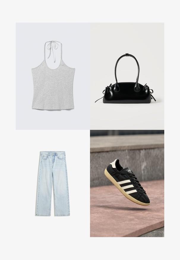 Hellgraues ärmelloses Neckholder-Top mit Bindeband am Hals, flach auf einem weißen Hintergrund liegend.; Hellblaue weit geschnittene Jeans aus Denim mit einem Knopfverschluss und dekorativen Nieten entlang der Seitennähte.; Schwarzer Adidas-Sneaker mit weißen Streifen und beiger Sohle, in der Luft über einer steinernen Oberfläche und mit Steinwand im Hintergrund aufgenommen.; Kleine schwarze glänzende Handtasche mit zwei langen Griffen und seitlichen Kordelzug-Details vor einfachem hellem Hintergrund.