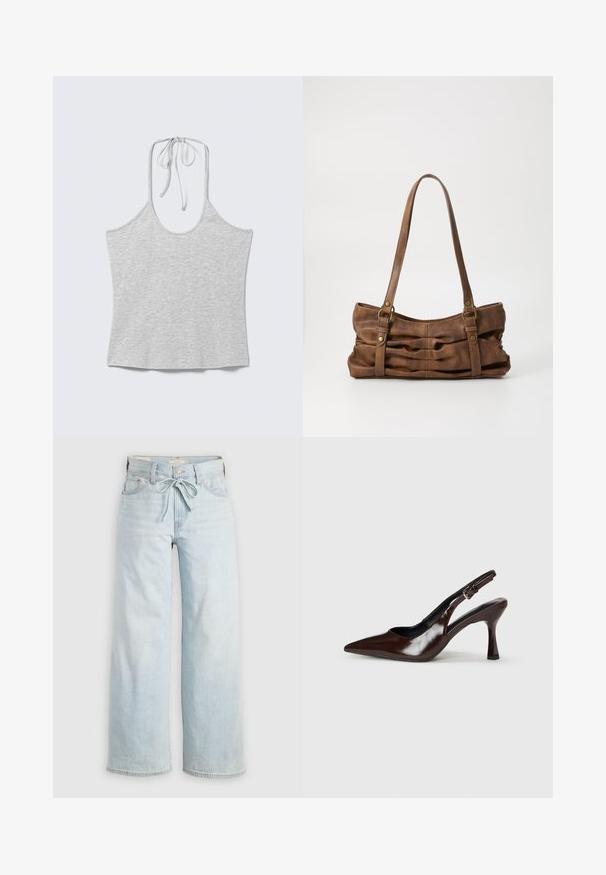 Hellgraues ärmelloses Neckholder-Top mit Bindeband am Hals, flach auf einem weißen Hintergrund liegend.; Helleblaue, weit geschnittene Jeans mit einer Bindeschlaufe, klassischem Fünf-Taschen-Design und subtilen Auswaschungen an den Beinen. Aus Denim-Material.; Braune lackleder Slingback-Absätze mit spitzem Zehen, einem dünnen Absatz und einem verstellbaren Riemen mit einer kleinen Schnalle.; Even&Odd Handtasche - brown