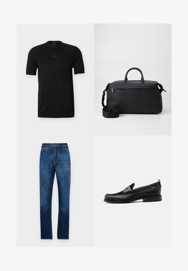 Zwart T-shirt met korte mouwen en ronde hals, met een subtiel "BOSS"-logo in het midden van de borst, gemaakt van fijn gebreide stof.; Blauwe rechte denim jeans met vijf zakken, riemlussen en knoopsluiting, weergegeven tegen een witte achtergrond.; Zwarte leren loafer met grijs riemdetailelement, lage hak en gestructureerde zool, aan de zijkant gebrandmerkt met "HUGO" in goud.; Zwarte leren reistas met twee bovenhandvaten, een afneembare schouderband en een ritsvak aan de voorkant voor extra opbergruimte.