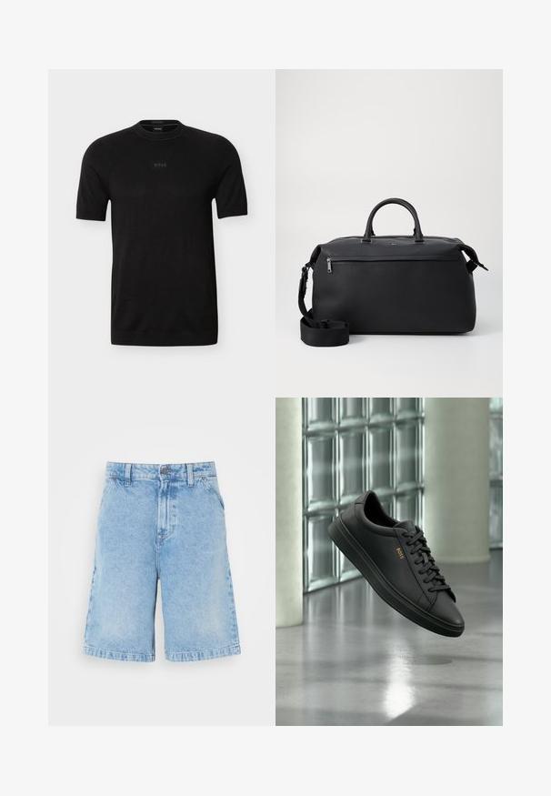 Sort kortærmet T-shirt med rund hals og det diskrete "BOSS"-logo centreret på brystet, lavet af fint strikstof.; Lysblå denim shorts med lige snit, der har fem lommer, en frontlås med knap og subtil afblegning over stoffet.; Sort lavtopet lædersneaker med sorte snørebånd og gyldent BOSS-logo på siden, svævende over en blank grå gulv i et moderne indendørs rum.; Sort læder duffel taske med to top hanke, en aftagelig skulderrem og en lynlåslomme foran til ekstra opbevaring.