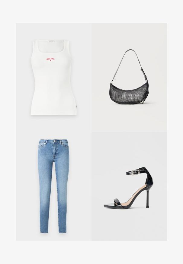 Camiseta sin mangas blanca acanalada con escote cuadrado y texto rojo "GUESS JEANS" con logo de estrella en el pecho.; Vaqueros ajustados de color azul claro, hechos de mezclilla, que presentan un clásico diseño de cinco bolsillos, un ligero desvanecimiento y una cinturilla estándar con cremallera.; Sandalia de tacón alto en piel sintética negra con correa en el tobillo. Presenta un diseño minimalista, punta abierta y una hebilla con detalles de pedrería.; Pequeño bolso de hombro negro de malla con forma de media luna y correa fina ajustable, sobre un fondo claro y liso.