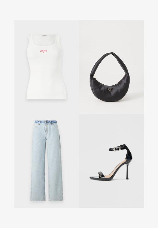 Valge soonikkoes varrukateta särk ruudukujulise kaelusega ja punase "GUESS JEANS" tekstiga ning tähelogoga rinnal.; Heledad sinine laiad püksid pleekinud pesuga, millel on kontrastne sinine denimpits ning traditsiooniline viie-tasku disain.; Mustast lakknahast kõrge kontsaga sandaal, millel on pahkluu rihm. Oman minimalistlikku disaini, avatud varvaste ja litritega kaunistatud pandlaga.; Must musträk kott, millel on kaarjas kuju, varustatud lukuga ja metallist kolmnurkse logoga ees. Sile tekstuur ja peen disain.