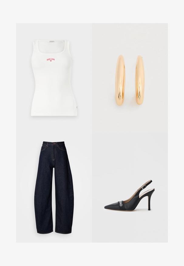 Witte geribbelde mouwloze tanktop met een vierkante halslijn en rode tekst "GUESS JEANS" en sterrenlogo op de borst.; Donkerblauwe wijde jeans van denim, met een hoge taille, rechte snit, vijf zakken en contrasterende stiksels.; Zwarte leren slingback pump met een spitse neus, een hak van 10 cm en een horizontale riem met een wit logo over de wreef.; Oorringen in goudkleur met een gladde, glanzende afwerking. Afgeronde, langwerpige vorm die moderne elegantie toevoegt. Afmetingen niet gespecificeerd.