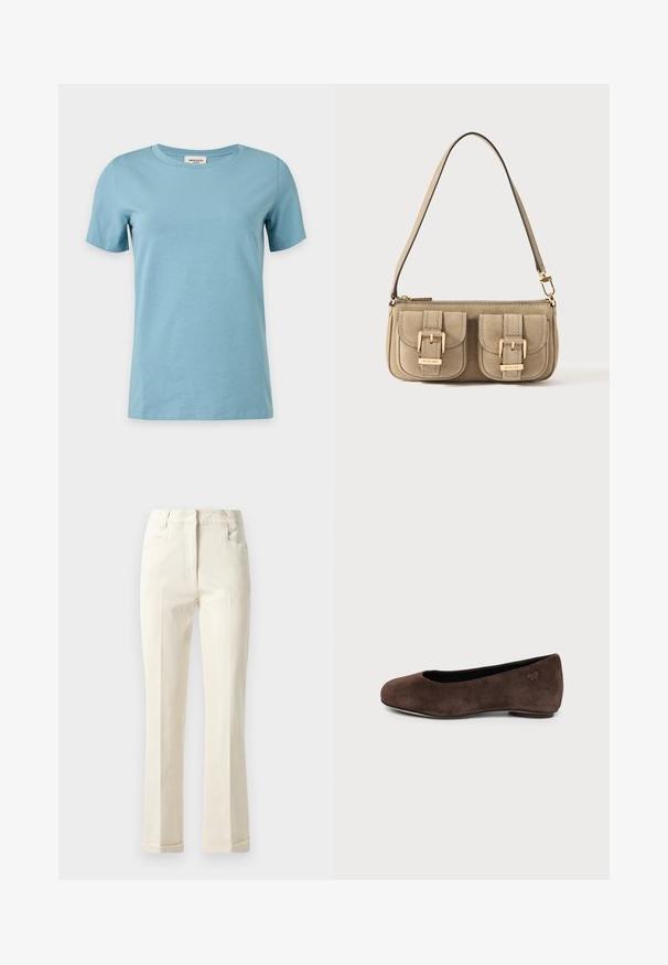 T-shirt bleu clair à manches courtes et col rond avec un design simple et uni, présenté sur fond blanc.; Pantalons beiges à jambe droite en tissu mélangé coton, avec une taille mi-haute, des poches avant et une texture subtile à la surface.; Chaussure plate en daim marron avec bout arrondi et petit talon, vue de profil sur fond clair uni.; Sac à main en cuir beige avec des accents dorés, deux poches à rabat à l'avant et une sangle ajustable et fine. Texture lisse avec une forme structurée.
