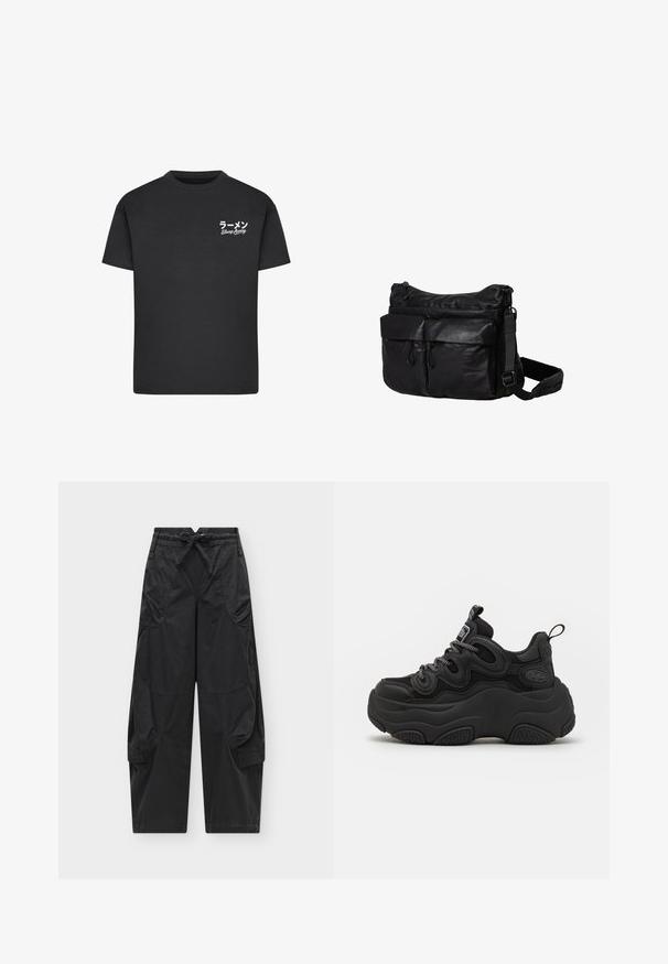 Schwarzes Baumwoll-T-Shirt mit Rundhalsausschnitt. Mit weißem Text, einschließlich japanischer Schriftzeichen und "Slurp Away", auf der linken Brustseite.; Schwarze Cargohose mit elastischem Kordelzugbund, mehreren Front- und Seitentaschen und locker sitzenden geraden Beinen vor einfarbigem Hintergrund.; Schwarzer Sneaker mit chunky Design, featuring einem strukturierten Obermaterial, Mesh-Einsätzen und einer dicken Gummisohle. Reflexionsschnürsenkel und sichtbare Markendetails.; Schwarze Umhängetasche aus strapazierfähigem Material, mit einem Hauptzipperfach, zwei Vorderfächern, verstellbarem Tragegurt und dezentem Branding.