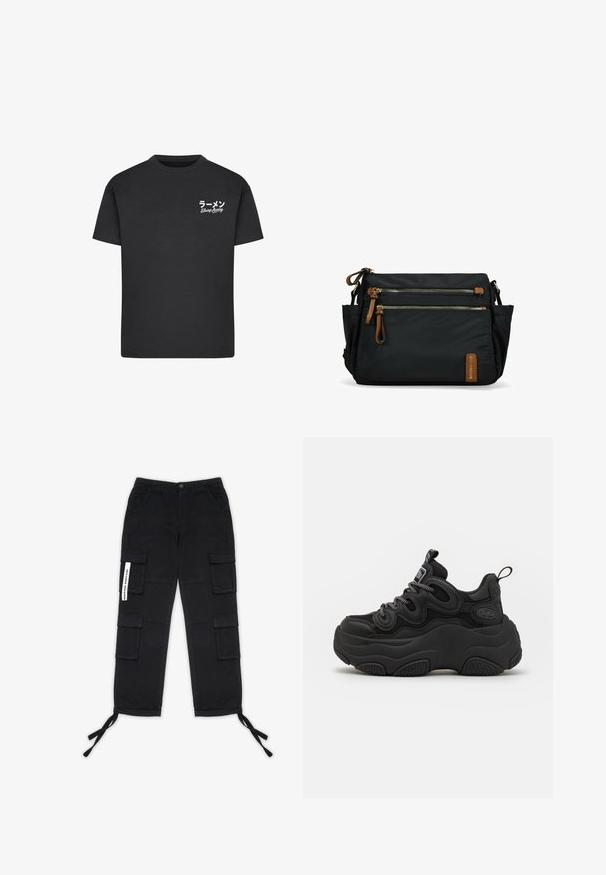 Camiseta de algodón negra con cuello redondo. Presenta texto en blanco, incluyendo caracteres japoneses y "Slurp Away", en el área del pecho izquierdo.; Pegador TANAMI WIDE PANTS - Pantalones cargo - black; Zapatilla negra con un diseño voluminoso, que presenta una parte superior texturizada, paneles de malla y una suela de goma gruesa. Cuerdas reflectantes y detalles de marca visibles.; Bolso bandolera de nailon negro con dos bolsillos frontales con cremallera, detalles en cuero marrón, herrajes dorados y un bolsillo lateral. Diseño compacto.