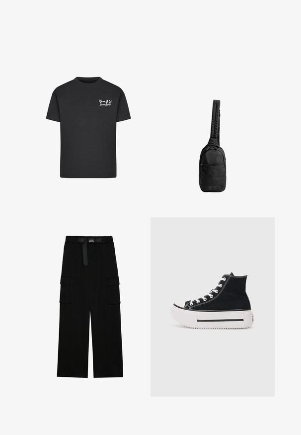 Zwarte katoenen t-shirt met een ronde hals. Bevat witte tekst, waaronder Japanse karakters en "Slurp Away", op de linkerborst.; Zwarte cargobroek met een wijd gesneden ontwerp, elastische tailleband met een riem, en twee grote zijzakken voor opslag.; Zwarte hoge sneakers van canvas, met witte stiksels, rubberen neuskap, dikke witte plateauzool en zwarte streepdetails.; Zwarte schoudertas van textuurstof, met een enkele gewatteerde schouderband, een voorvak met rits en een logo-opdruk aan de onderkant.