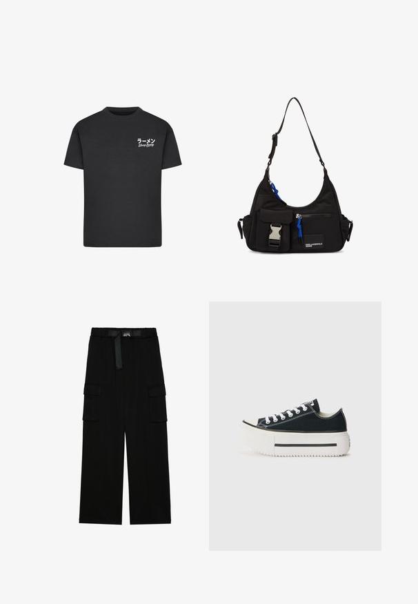 Schwarzes Baumwoll-T-Shirt mit Rundhalsausschnitt. Mit weißem Text, einschließlich japanischer Schriftzeichen und "Slurp Away", auf der linken Brustseite.; Schwarze Cargohosen mit weitem Bein, elastischem Bund und einem Gürtel sowie zwei großen Seitentaschen für zusätzlichen Stauraum.; Schwarze Canvas-Sneaker mit einer weißen Gummisohle, die eine dicke Plateausohle, weiße Schnürsenkel und kontrastierende Nähte entlang der Nähte aufweisen.; Schwarze Nylon-Schultertasche mit geschwungener Form, verstellbarem Riemen, Fronttasche mit Verschluss, blauen Akzenten und Logodetail.