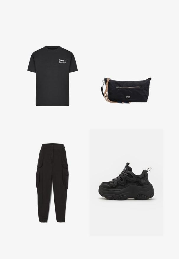 Schwarzes Baumwoll-T-Shirt mit Rundhalsausschnitt. Mit weißem Text, einschließlich japanischer Schriftzeichen und "Slurp Away", auf der linken Brustseite.; Schwarze Cargohosen mit elastischen Bündchen und mehreren Klappentaschen an den Seiten, entworfen für legere oder praktische Nutzung.; Schwarzer Sneaker mit chunky Design, featuring einem strukturierten Obermaterial, Mesh-Einsätzen und einer dicken Gummisohle. Reflexionsschnürsenkel und sichtbare Markendetails.; Schwarze rechteckige Handgelenktasche mit vorderer Reißverschlusstasche, beigem Handgelenksriemen mit blauen Perlen und kleinem "BIMBA Y LOLA"-Logo.