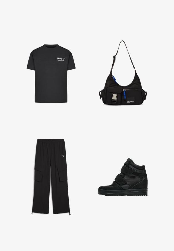 T-shirt noir en coton avec un col rond. Présente du texte blanc, y compris des caractères japonais et les mots "Slurp Away" sur la zone gauche de la poitrine.; Pantalons cargo noirs avec une conception à jambes larges, taille élastique, deux poches latérales et ourlets à cordon de serrage. Présente un petit logo blanc.; Baskets montantes noires en suede et mesh, avec des bandes Velcro, une finition lisse et une semelle en caoutchouc texturée pour une meilleure adhérence.; Sac à épaule en nylon noir avec une forme incurvée, une sangle ajustable, une poche avant avec fermoir, des accents bleus et un détail de logo.
