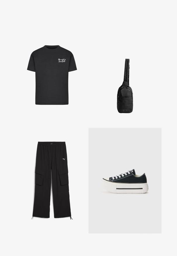 Schwarzes Baumwoll-T-Shirt mit Rundhalsausschnitt. Mit weißem Text, einschließlich japanischer Schriftzeichen und "Slurp Away", auf der linken Brustseite.; Schwarze Cargo-Hosen mit weitem Bein, elastischem Bund, zwei Seitentaschen und Kordelzugsäumen. Mit einem kleinen weißen Logo.; Schwarze Canvas-Sneaker mit einer weißen Gummisohle, die eine dicke Plateausohle, weiße Schnürsenkel und kontrastierende Nähte entlang der Nähte aufweisen.; Schwarze Umhängetasche aus strukturiertem Stoff, mit einem gepolsterten Schulterriemen, einer vorderen Reißverschlusstasche und einem Logopatch an der Unterseite.