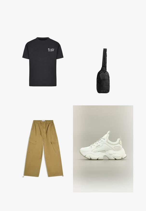 T-shirt noir en coton avec un col rond. Présente du texte blanc, y compris des caractères japonais et les mots "Slurp Away" sur la zone gauche de la poitrine.; Pantalon cargo kaki à jambes larges avec taille à cordon, poches latérales à rabat et cordons ajustables aux chevilles, étalé à plat sur fond blanc.; Baskets blanches épaisses avec semelle épaisse texturée, dessus en mesh et cuir, fermeture à lacets et languettes sur la languette et le talon.; Sac sling noir en tissu texturé, avec une seule sangle rembourrée, une poche frontale zippée et un patch logo à la base.