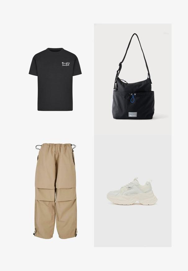 Sort bomulds T-shirt med rund hals. Har hvid tekst, inklusive japanske tegn og "Slurp Away," på venstre brystområde.; Beige cargo bukser med elastisk talje, lagdelt design og sidelommer. Har justerbare manchetter med toggles for en tilpasset pasform.; Chunky sneakers i off-white, med en tekstureret mesh og glat læderoverdel, samt en tyk, bølget sål og mærkeaccent.; Sort stoff skuldertaske med justerbar rem, forlommer med blå snor og lille rektangulært logo patch nederst.
