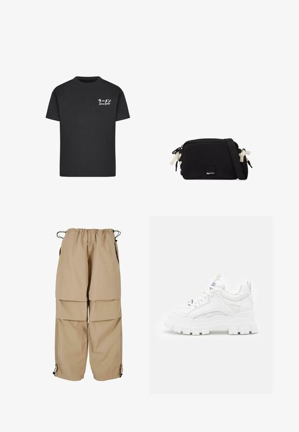 Schwarzes Baumwoll-T-Shirt mit Rundhalsausschnitt. Mit weißem Text, einschließlich japanischer Schriftzeichen und "Slurp Away", auf der linken Brustseite.; Beige Cargo-Hosen mit elastischem Bund, geschichteter Optik und seitlichen Taschen. Verfügt über verstellbare Bündchen mit Toggle-Verschlüssen für eine anpassbare Passform.; Weiße klobige Sneakers mit einer strukturierten Oberseite, gepolstertem Schaft und dicker, gerippter Sohle. Verfügt über kontrastierende schwarze Schnürsenkel und Branding-Details.; Schwarze rechteckige Umhängetasche mit weißen Kordeldetails, verstellbarem Riemen mit geprägt-Logo und vorderer Markenplakette.